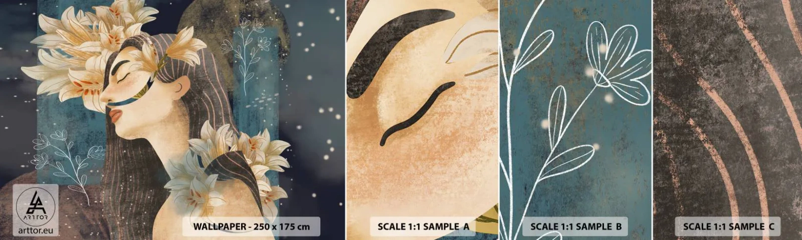 Fototapetenmuster Standard Eco - Ein Märchen über eine Prinzessin mit Lilien - Abstraktion, Frau, Blumen - 100x30 cm