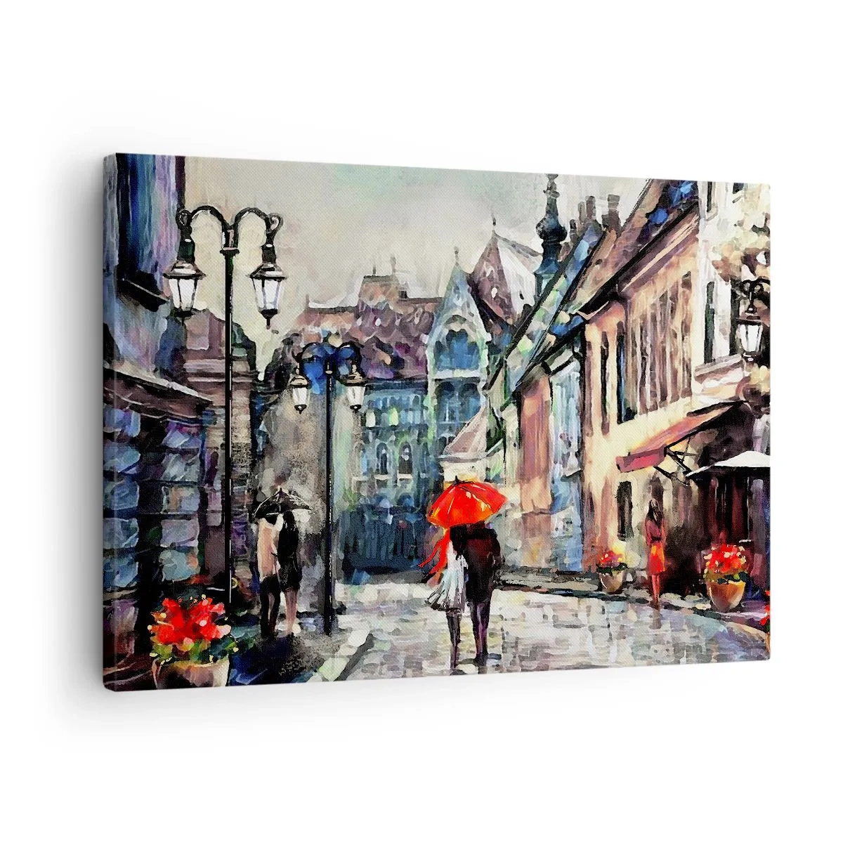 Bild auf Leinwand - Leinwandbild - Eine charmante Stadtstraße mit einem Paar unter einem roten Regenschirm - 70x50cm - Regen für Zwei - Moderne Wanddekoration für Wohnzimmer und Schlafzimmer ARTTOR