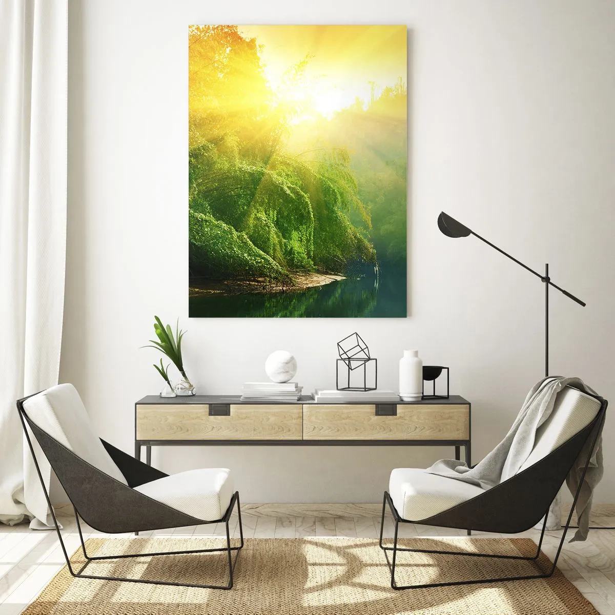 Glasbild - Bild auf glas - Ein grüner Wald am Fluss, beleuchtet von den Strahlen der aufgehenden Sonne - 80x120cm - In Sonne und Schatten ertrinken - Moderne Wanddekoration für Wohnzimmer und Schlafzimmer ARTTOR