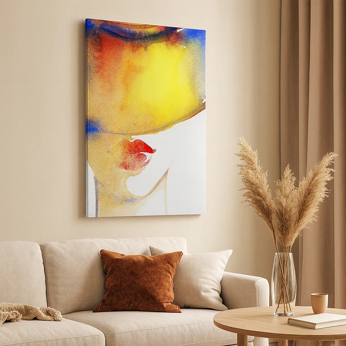 Bild auf Leinwand - Leinwandbild - Ein minimalistisches Aquarellgemälde des Profils einer Frau mit einem bunten Hut. - 50x70cm - Bildnis einer Dame - Moderne Wanddekoration für Wohnzimmer und Schlafzimmer ARTTOR