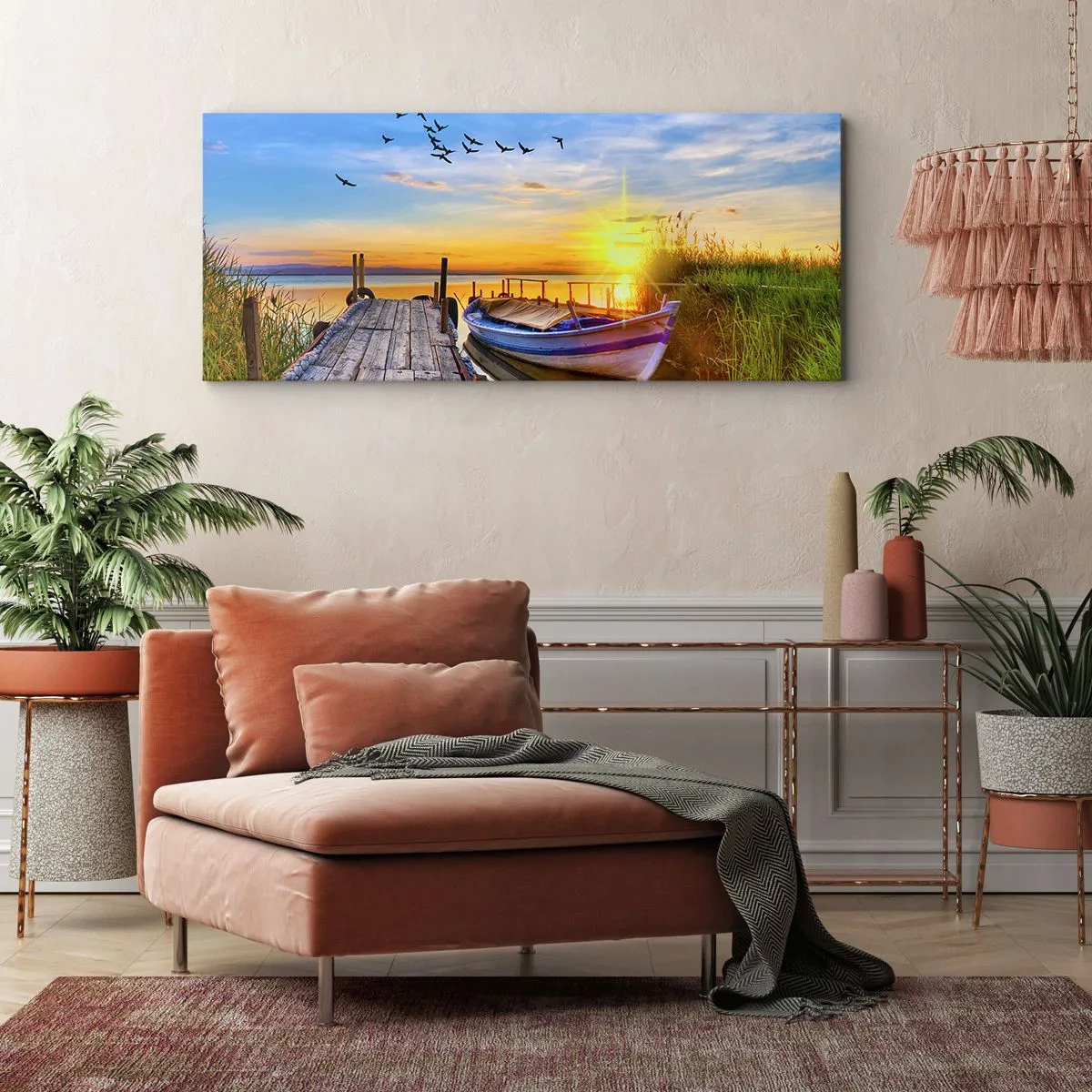 Bild auf Leinwand - Leinwandbild - Ein Boot an einem Holzsteg bei Sonnenuntergang - 160x50cm - Bis morgen - Moderne Wanddekoration für Wohnzimmer und Schlafzimmer ARTTOR