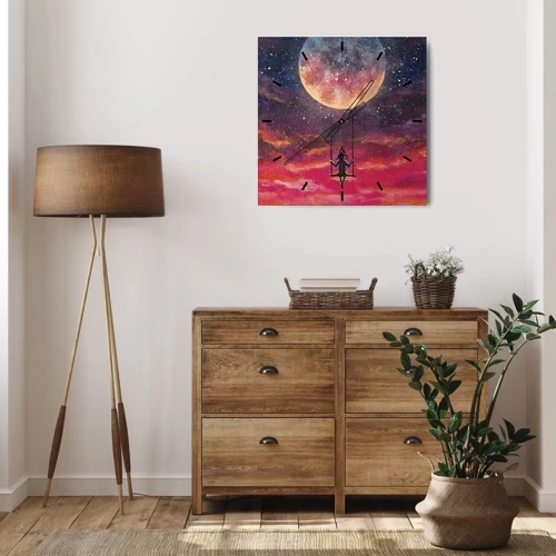 Wanduhr - Glasuhr - Eine Figur auf einer Schaukel, die vor dem Mond hängt - 30x30cm - Traum - Moderne Wanddekoration für Wohnzimmer und Schlafzimmer ARTTOR