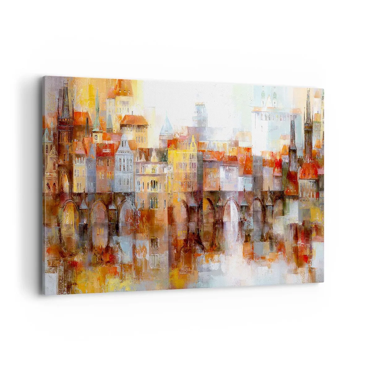 Bild auf Leinwand - Leinwandbild - Ein malerisches Panorama der Stadt mit einer Brücke in Herbstfarben - 100x70cm - Schön ist es auch unter der Brücke - Moderne Wanddekoration für Wohnzimmer und Schlafzimmer ARTTOR