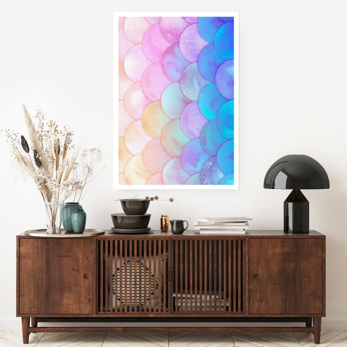 Poster - Eine Pastellkomposition, die Schuppen in Regenbogenfarben ähnelt - 50x70cm - Perlenschuppe - Moderne Wanddekoration für Wohnzimmer und Schlafzimmer ARTTOR