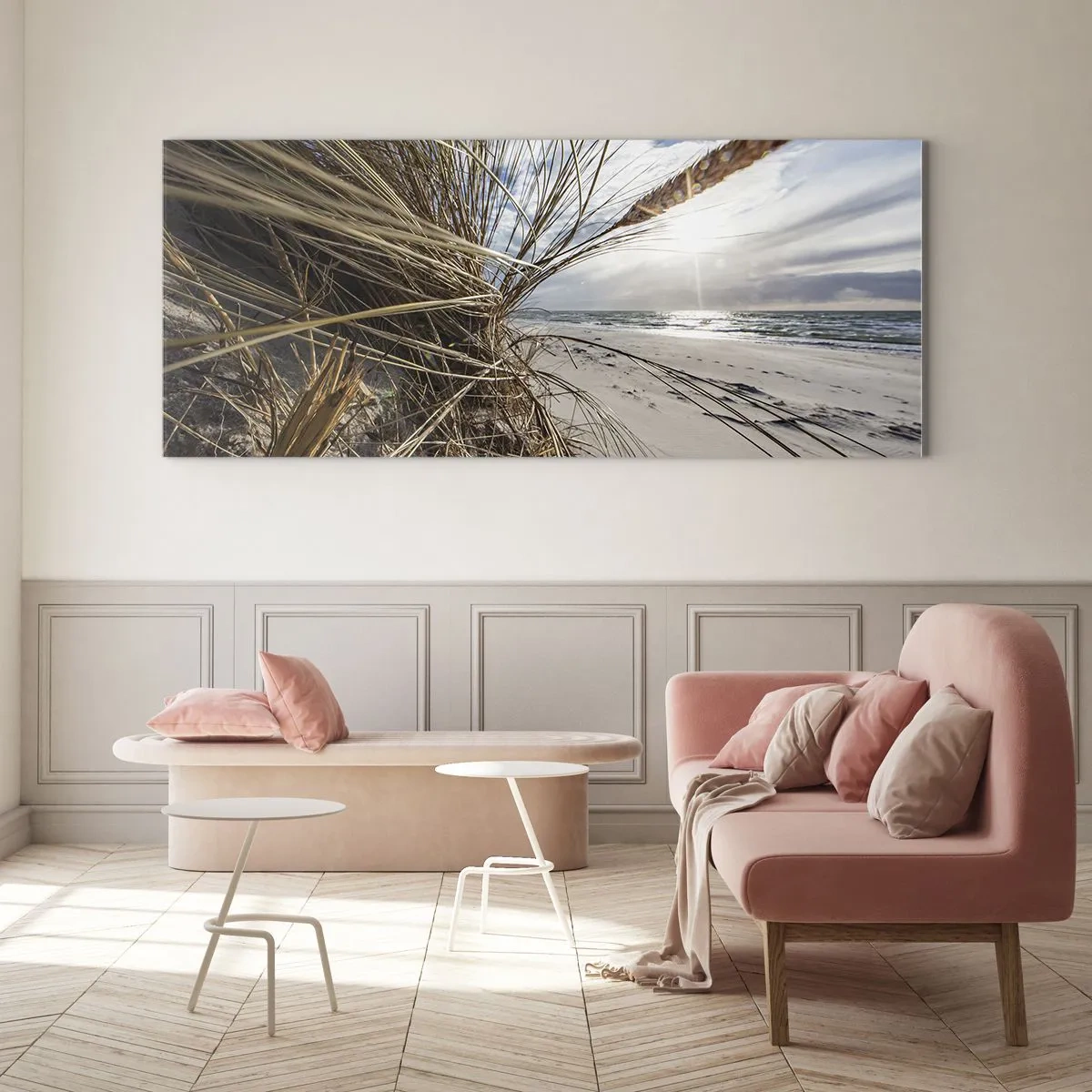 Glasbild - Bild auf glas - Ein Strand mit trockenem Gras auf den Dünen und Blick auf das Meer - 140x50cm - Ein Treffen der Elemente der Natur - Moderne Wanddekoration für Wohnzimmer und Schlafzimmer ARTTOR