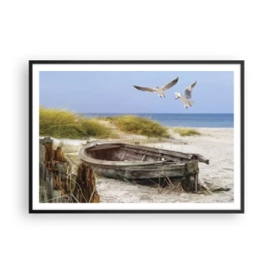 Poster in einem schwarzem Rahmen - Verlassenes Boot an einem Strand mit Möwen - 100x70cm - In Wind gebadet - Moderne Wanddekoration für Wohnzimmer und Schlafzimmer ARTTOR