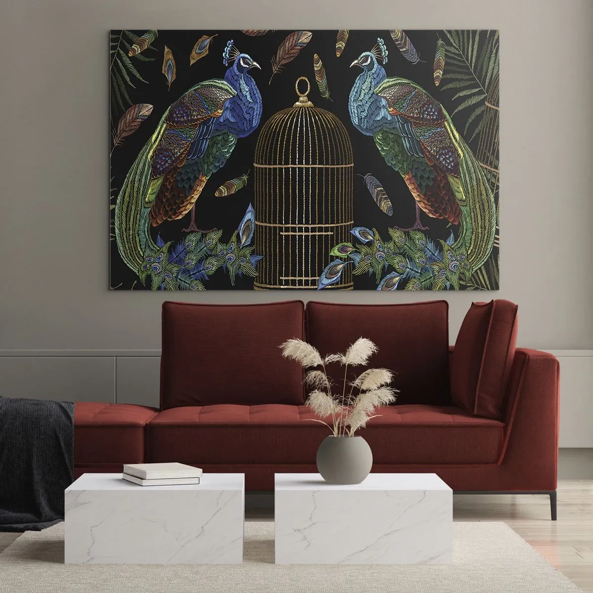 Glasbild - Bild auf glas - Bunte Pfauen und ein Käfig auf schwarzem Hintergrund - 70x50cm - In königlichen Gewändern - Moderne Wanddekoration für Wohnzimmer und Schlafzimmer ARTTOR