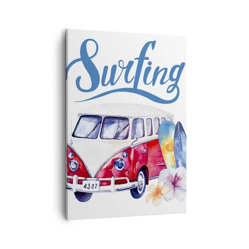 Bild auf Leinwand - Leinwandbild - Bunte Grafiken mit einem Bus und einem Surfthema - 50x70cm - Gurke - ein Klassiker für einen Surfer - Moderne Wanddekoration für Wohnzimmer und Schlafzimmer ARTTOR