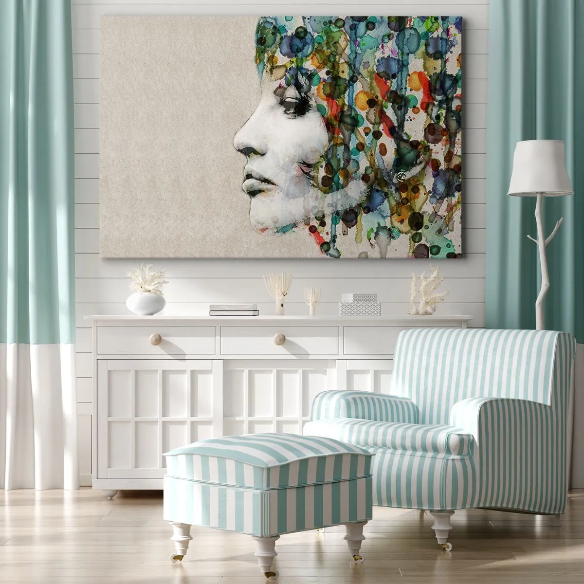 Bild auf Leinwand - Leinwandbild - Profil einer Frau in Aquarellfarben mit abstraktem Hintergrund - 120x80cm - Sie tauchte aus dem Grau auf - Moderne Wanddekoration für Wohnzimmer und Schlafzimmer ARTTOR
