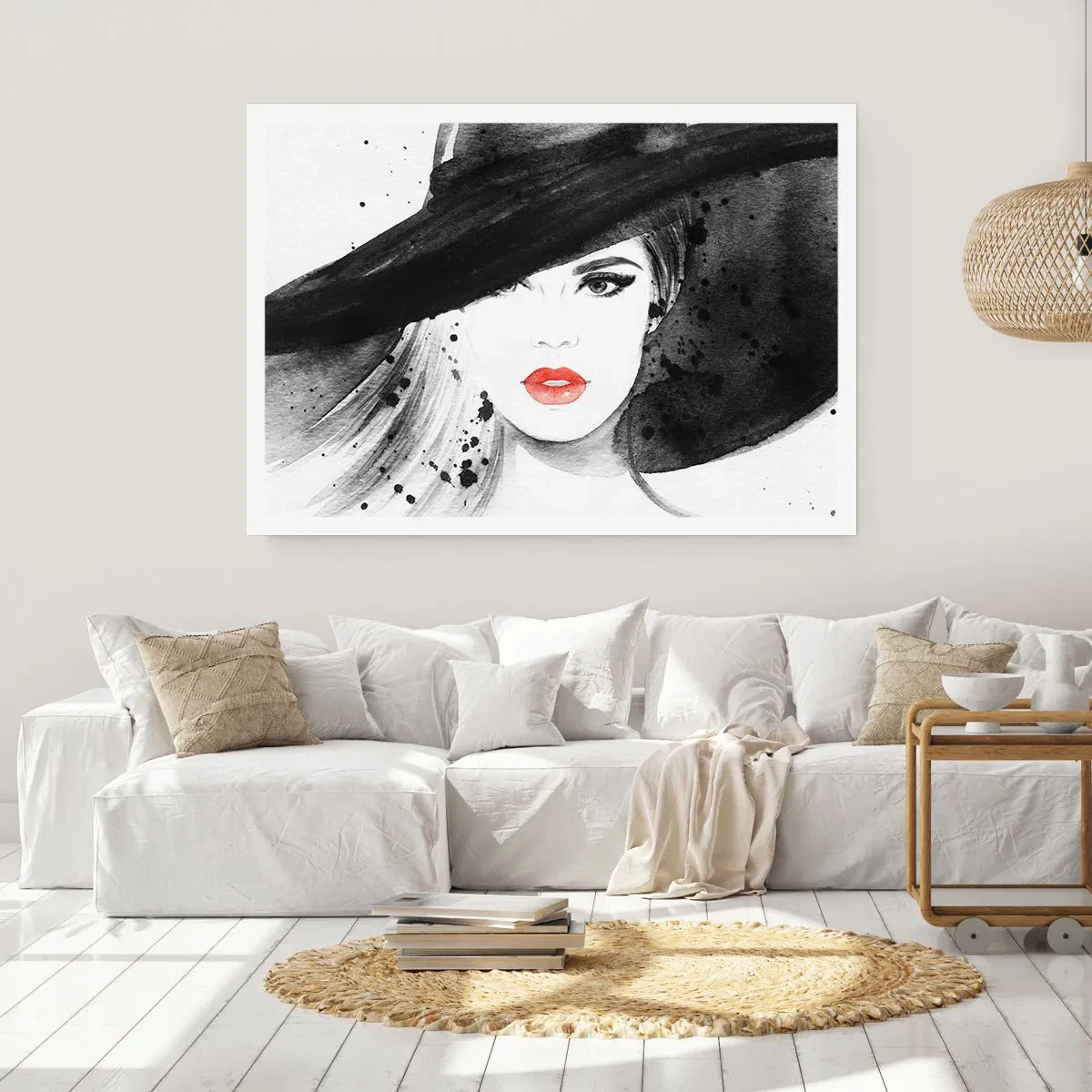 Poster - Porträt einer Frau mit Hut und roten Lippen - 100x70cm - Frau in schwarz - Moderne Wanddekoration für Wohnzimmer und Schlafzimmer ARTTOR