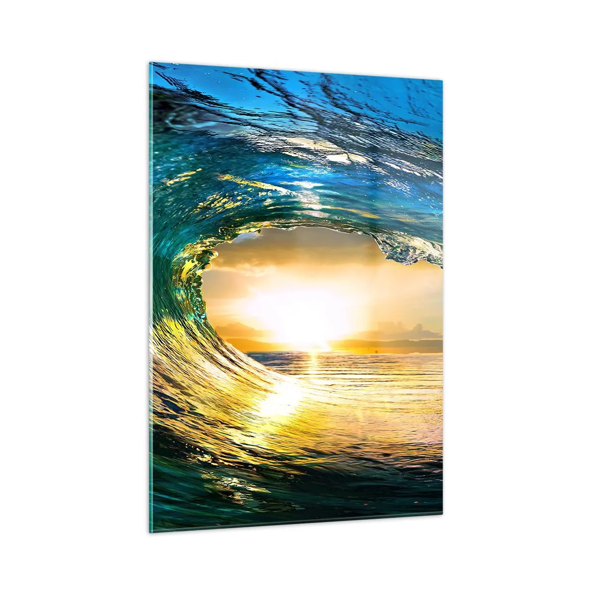 Glasbild - Bild auf glas - Eine Meereswelle, eingefangen im Licht der untergehenden Sonne - 50x70cm - In einem smaragd-goldenen Kristall - Moderne Wanddekoration für Wohnzimmer und Schlafzimmer ARTTOR