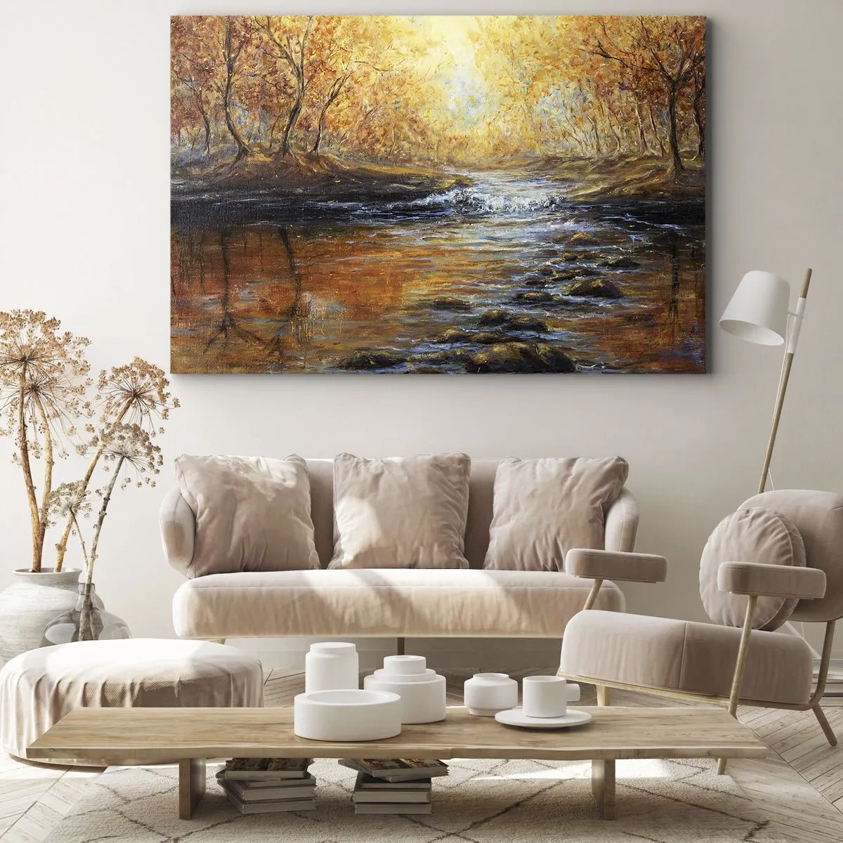 Bild auf Leinwand - Leinwandbild - Herbstlandschaft mit einem Fluss zwischen den Bäumen - 70x50cm - Der goldene Strom - Moderne Wanddekoration für Wohnzimmer und Schlafzimmer ARTTOR