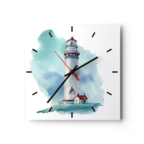 Wanduhr - Glasuhr - Ein Leuchtturm vor einem aquarellblauen Hintergrund - 30x30cm - Sanfte Schwester vom Blau - Moderne Wanddekoration für Wohnzimmer und Schlafzimmer ARTTOR