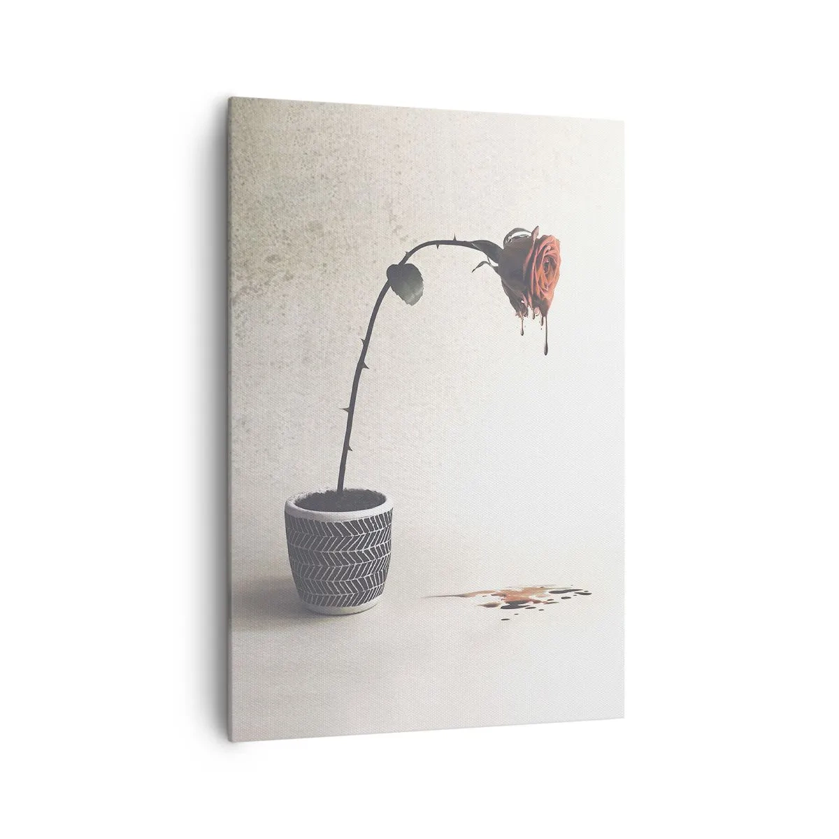 Bild auf Leinwand - Leinwandbild - Eine rote Rose in einem Topf mit Farbtropfen auf weißem Hintergrund - 70x100cm - Rosa dolorosa - Moderne Wanddekoration für Wohnzimmer und Schlafzimmer ARTTOR