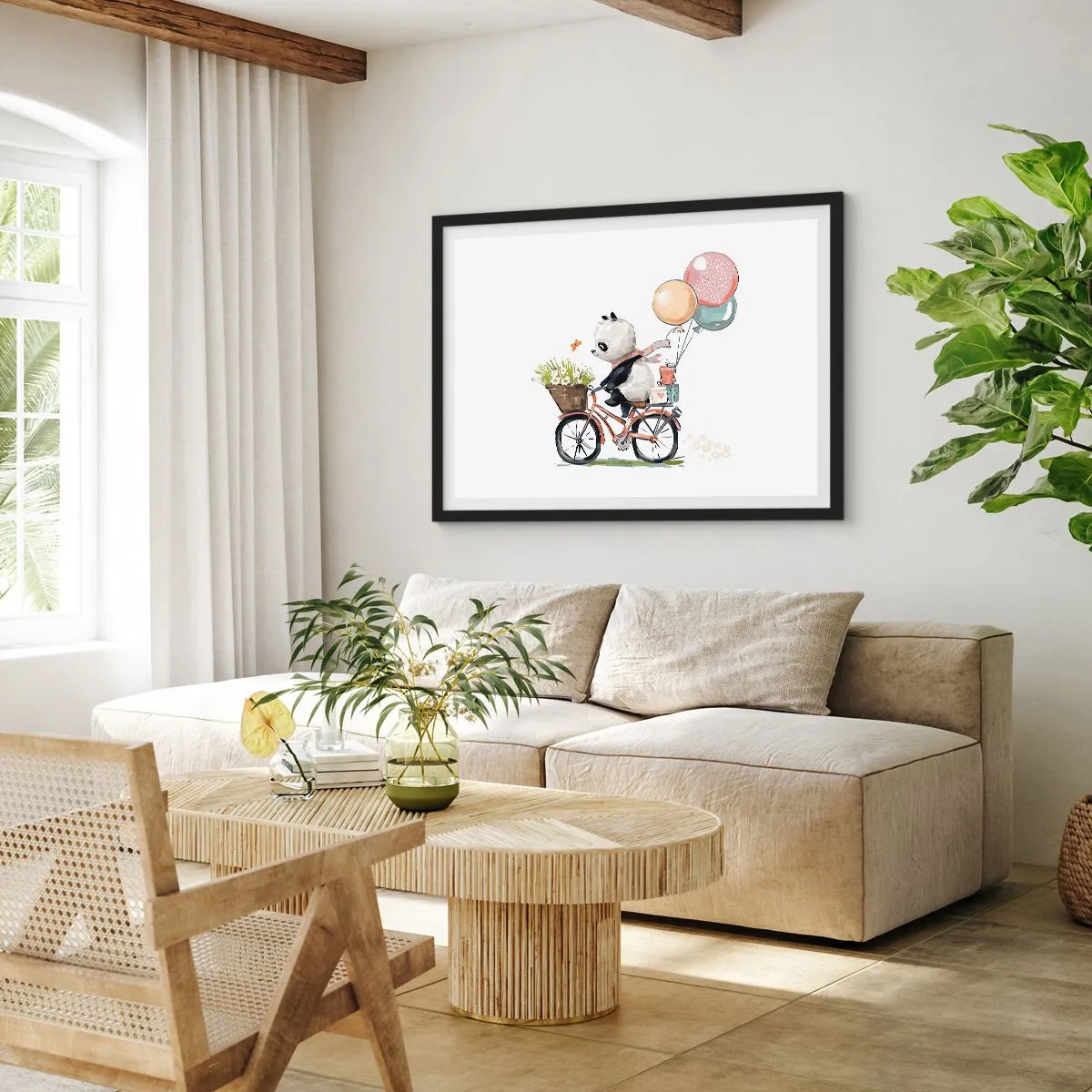 Poster in einem schwarzem Rahmen - Panda auf einem Fahrrad mit Luftballons und Blumen - 70x50cm - Glücklicher Tag - Moderne Wanddekoration für Wohnzimmer und Schlafzimmer ARTTOR