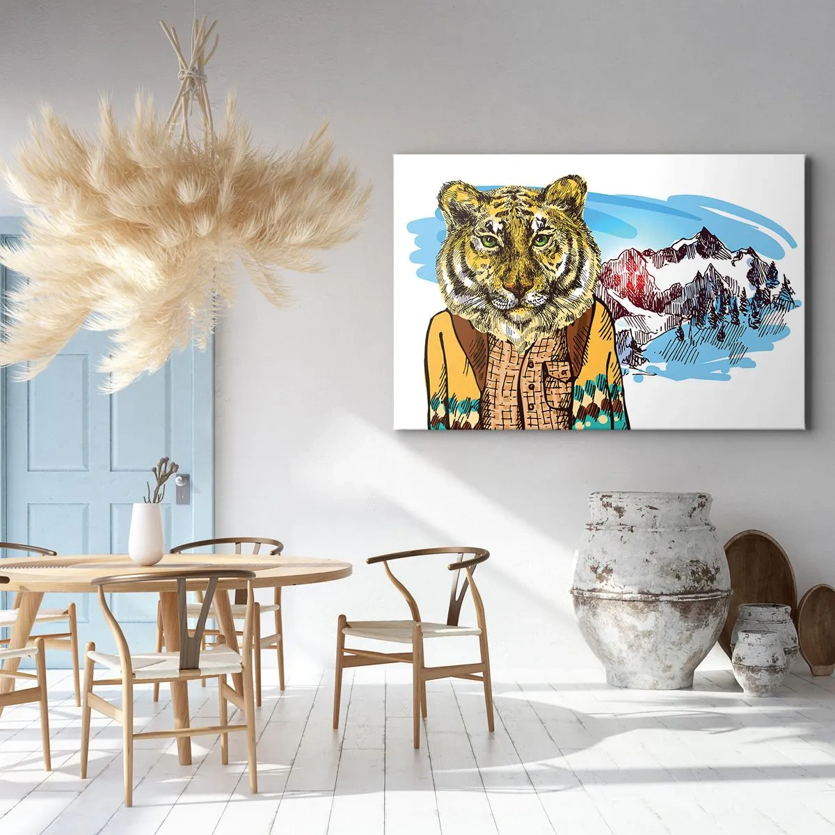 Bild auf Leinwand - Leinwandbild - Ein Tiger im Mantel vor einer Berglandschaft - 100x70cm - Nicht so wild, wie sie ihn zeichnen - Moderne Wanddekoration für Wohnzimmer und Schlafzimmer ARTTOR