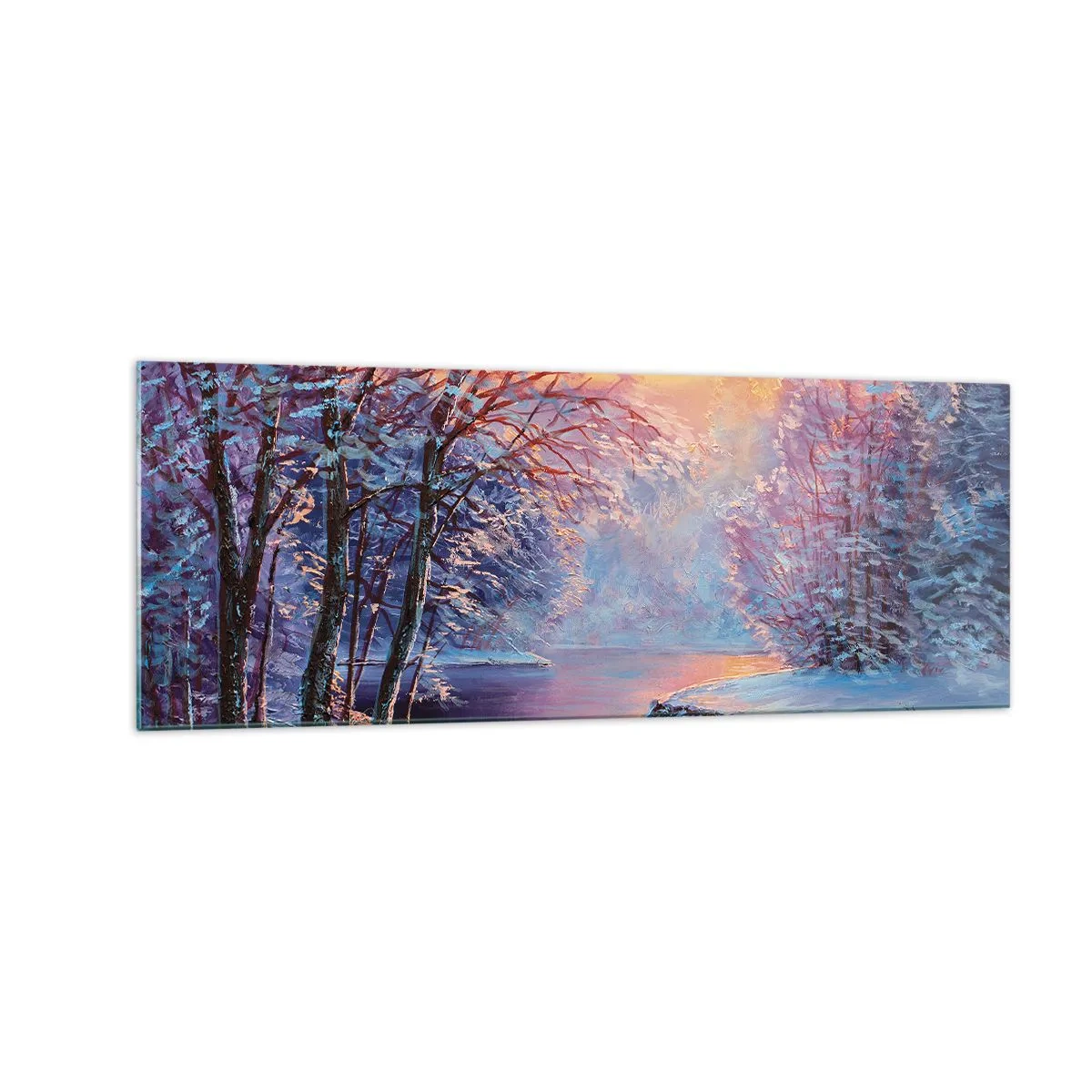 Glasbild - Bild auf glas - Winterlandschaft mit Fluss und Bäumen bei Sonnenaufgang - 140x50cm - Die Farben des Winters - Moderne Wanddekoration für Wohnzimmer und Schlafzimmer ARTTOR
