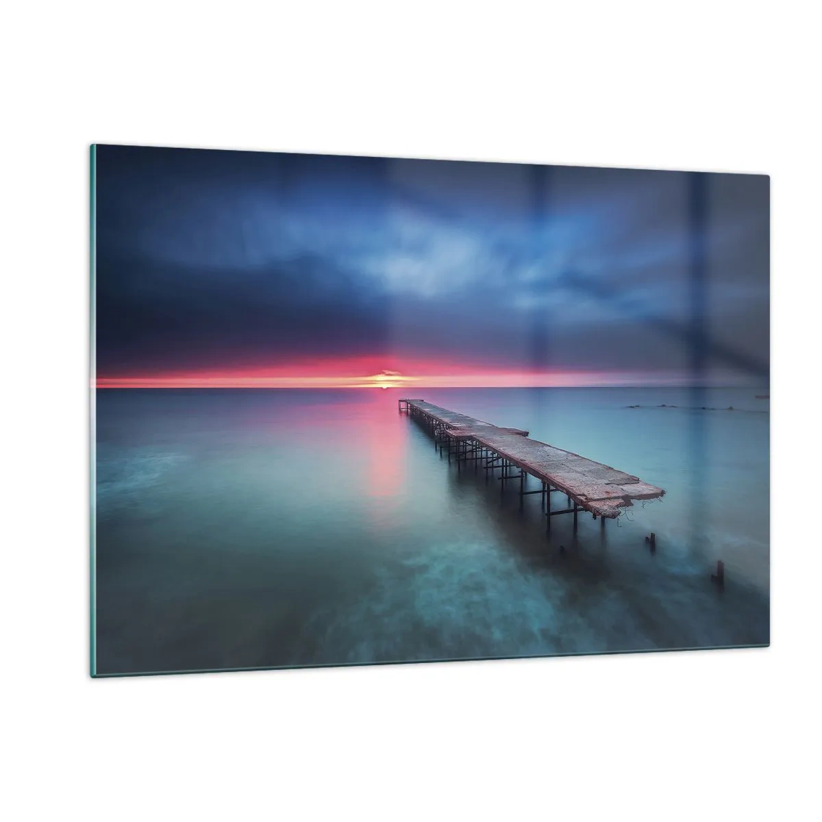 Glasbild - Bild auf glas - Pier, der in Richtung untergehender Sonne führt - 120x80cm - Zwischen Himmel und Erde - Moderne Wanddekoration für Wohnzimmer und Schlafzimmer ARTTOR
