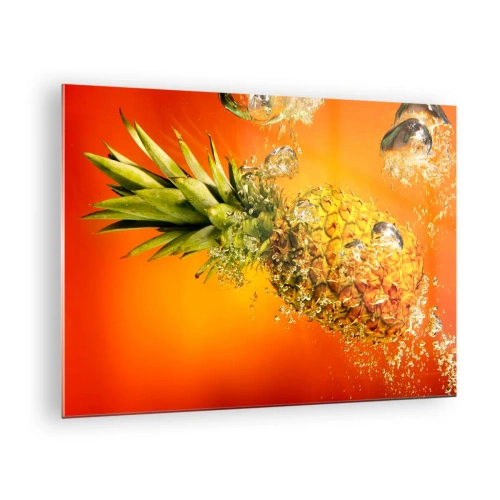 Glasbild - Bild auf glas - Ananas in Wasser getaucht vor einem Hintergrund von intensivem Orange - 70x50cm - Tropisch saftige Frische - Moderne Wanddekoration für Wohnzimmer und Schlafzimmer ARTTOR