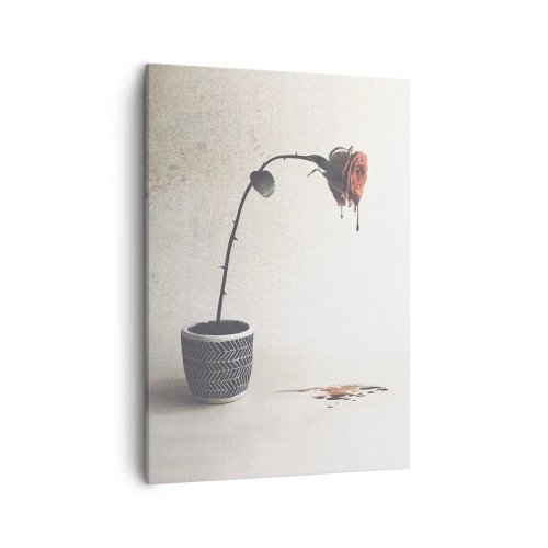 Bild auf Leinwand - Leinwandbild - Eine rote Rose in einem Topf mit Farbtropfen auf weißem Hintergrund - 50x70cm - Rosa dolorosa - Moderne Wanddekoration für Wohnzimmer und Schlafzimmer ARTTOR