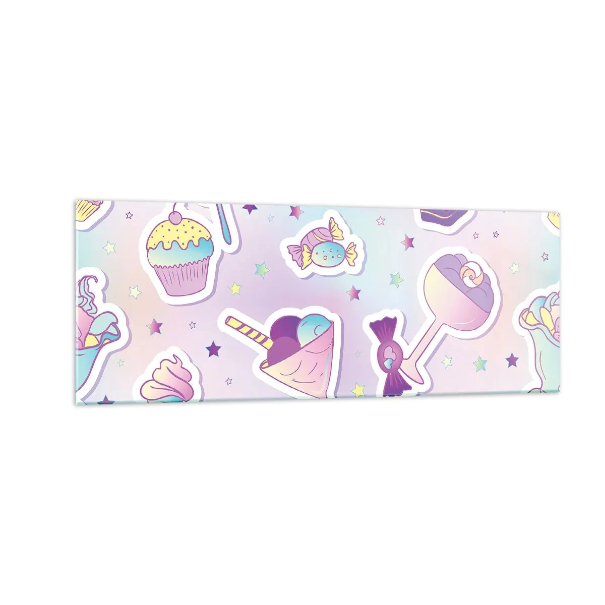 Glasbild - Bild auf glas - Pastellmuster mit Süßigkeiten und Desserts - 140x50cm - Dass es jeden Tag ein Geburtstag wäre - Moderne Wanddekoration für Wohnzimmer und Schlafzimmer ARTTOR