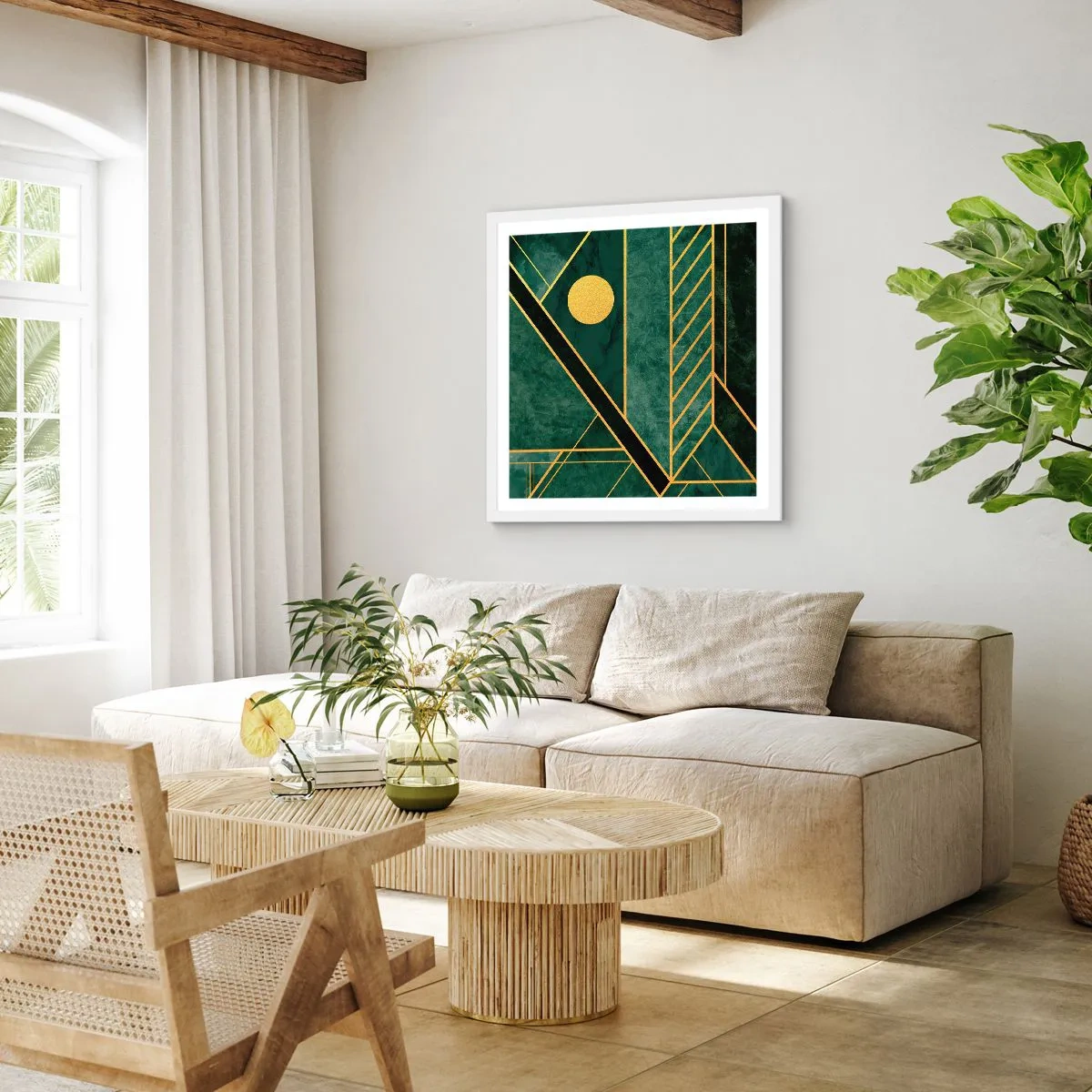 Poster in einem weißen Rahmen - Dynamik von Gold und Azurblau - 30x30 cm