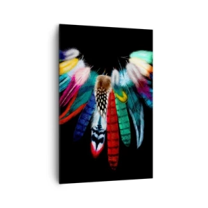 Bild auf Leinwand - Leinwandbild - Bunte Federn auf schwarzem Hintergrund in einer künstlerischen Komposition - 80x120cm - Indische Halskette - Moderne Wanddekoration für Wohnzimmer und Schlafzimmer ARTTOR