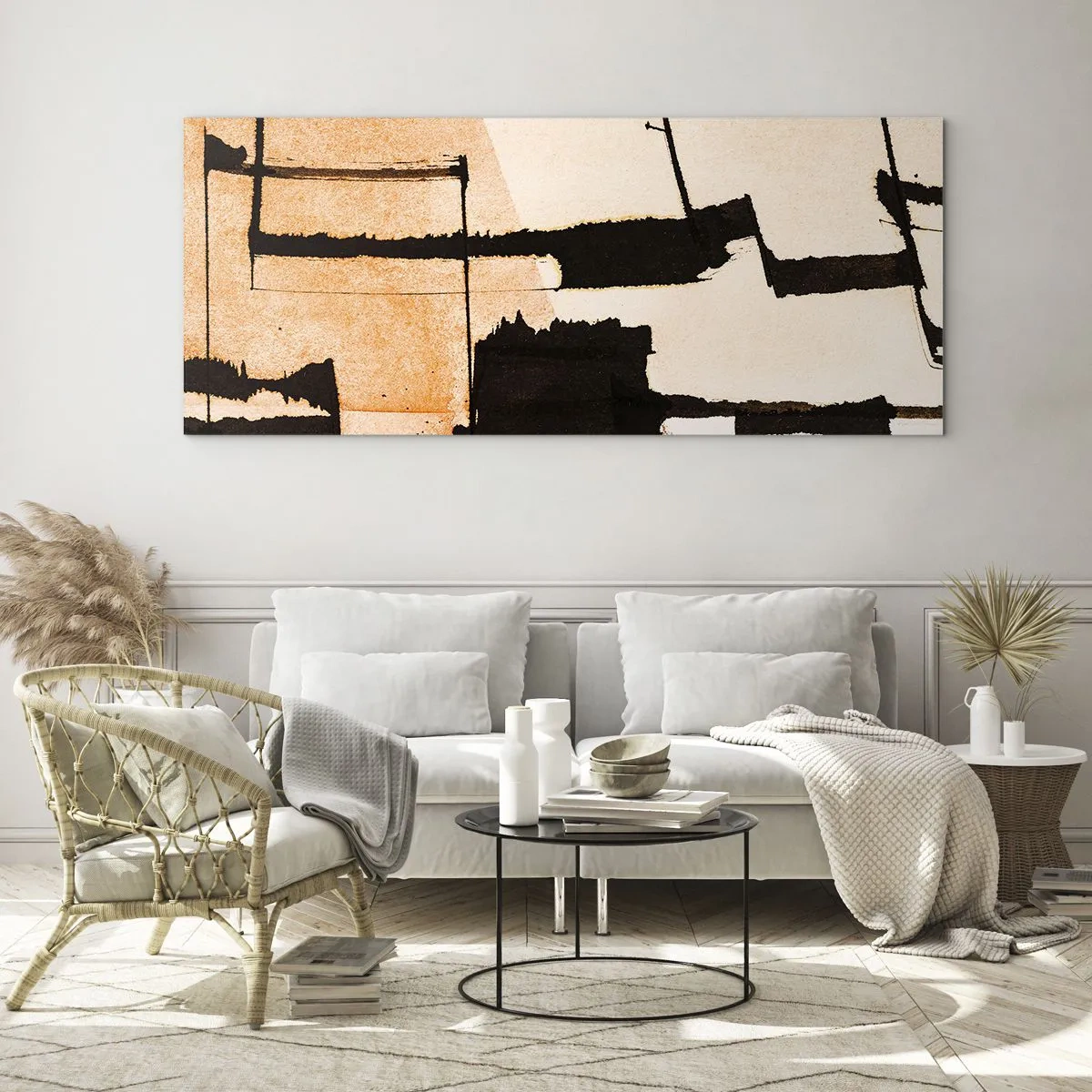 Glasbild - Bild auf glas - Geometrische Muster in Braun- und Beigetönen - 120x50cm - Also doch Ordnung - Moderne Wanddekoration für Wohnzimmer und Schlafzimmer ARTTOR