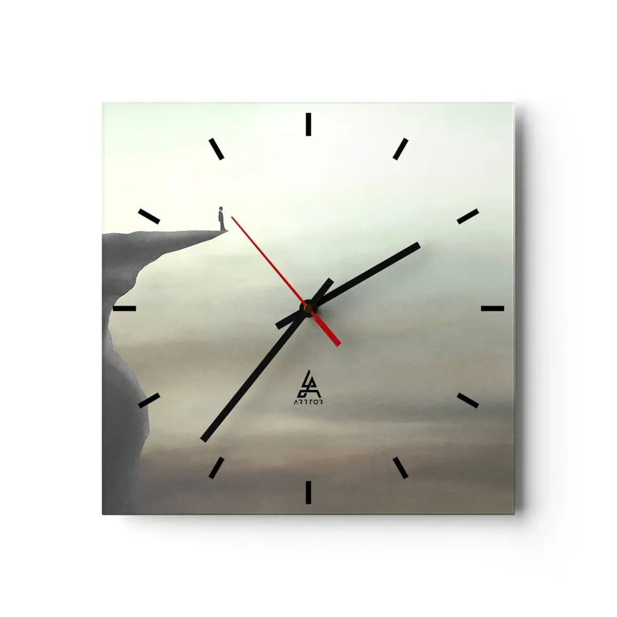 Wanduhr - Glasuhr - Silhouette einer Figur am Rand einer Klippe in einer nebligen Landschaft - 30x30cm - Nach oben, natürlich! - Moderne Wanddekoration für Wohnzimmer und Schlafzimmer ARTTOR