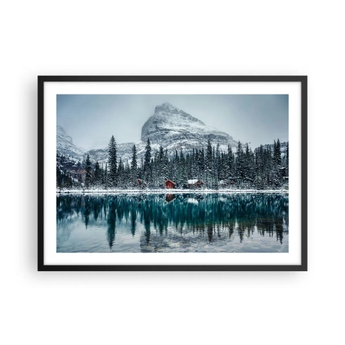 Poster in einem schwarzem Rahmen - Winterlandschaft mit Hütten im Wald an einem zugefrorenen See - 70x50cm - Kanadischer Rückzug - Moderne Wanddekoration für Wohnzimmer und Schlafzimmer ARTTOR