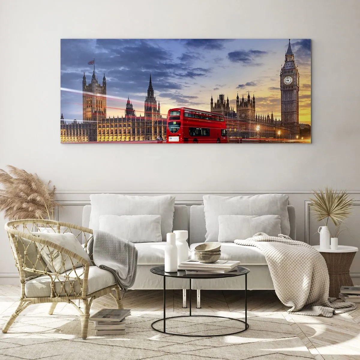 Glasbild - Bild auf glas - Ein roter Bus mit Big Ben und den Houses of Parliament im Hintergrund in der Abenddämmerung. - 160x50cm - Spezielle Charaktere - Moderne Wanddekoration für Wohnzimmer und Schlafzimmer ARTTOR