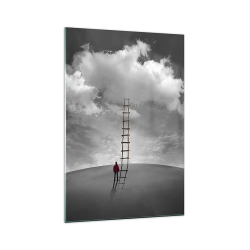 Glasbild - Bild auf glas - Eine Person in einem roten Mantel und eine Leiter, die zu einer Wolke führt - 70x100cm - Alles ist möglich - Moderne Wanddekoration für Wohnzimmer und Schlafzimmer ARTTOR