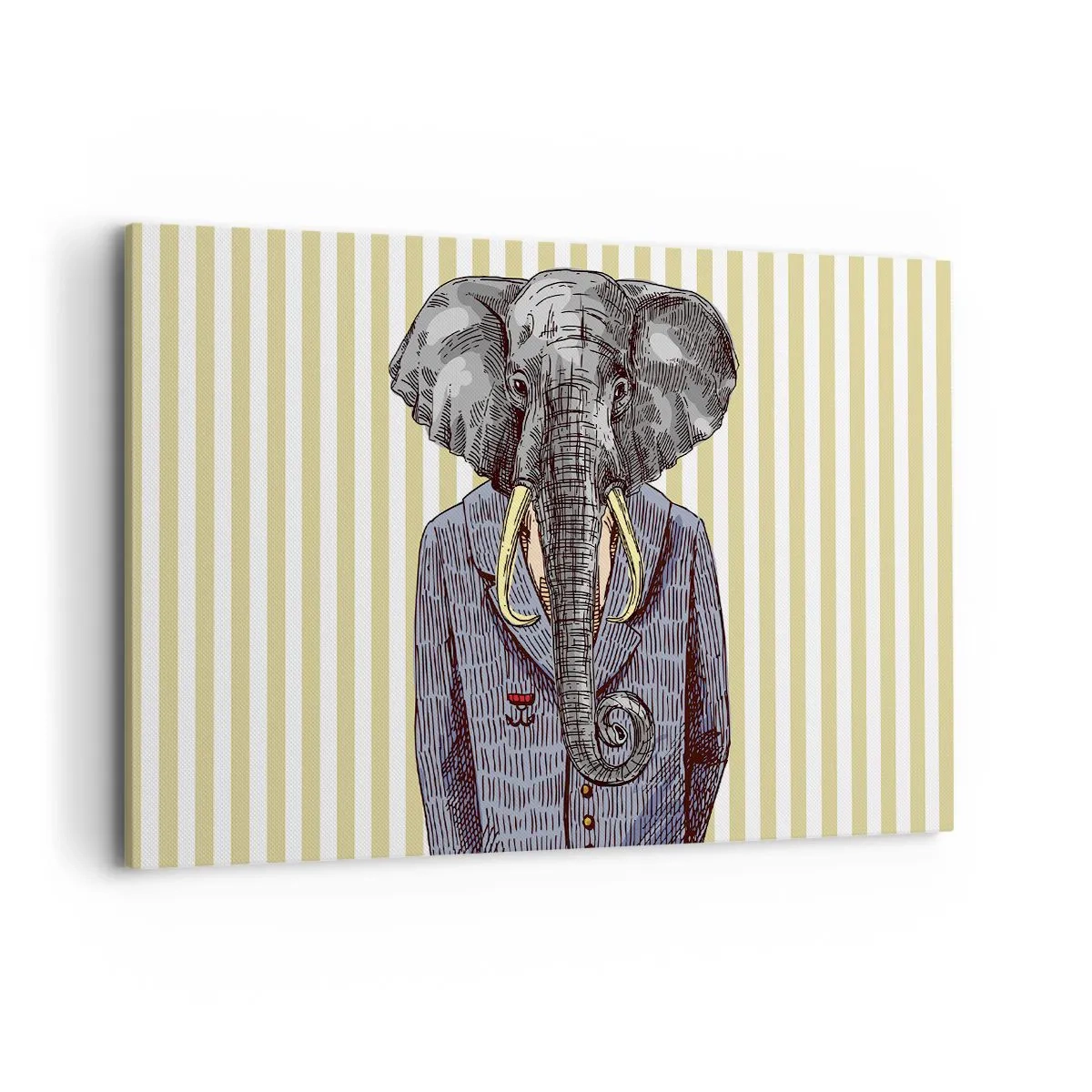 Bild auf Leinwand - Leinwandbild - Ein Elefant im Anzug vor einem Hintergrund aus beigen Streifen - 120x80cm - Von Natur aus elegant - Moderne Wanddekoration für Wohnzimmer und Schlafzimmer ARTTOR