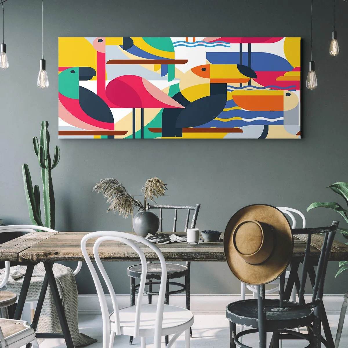 Bild auf Leinwand - Leinwandbild - Bunte Vögel in einer abstrakten, geometrischen Komposition - 160x50cm - Vogelparty - Moderne Wanddekoration für Wohnzimmer und Schlafzimmer ARTTOR