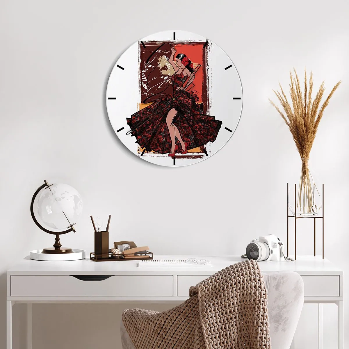 Wanduhr - Glasuhr - Eine Tänzerin in einem roten Kleid mit künstlerischem Hintergrund - 30x30cm - Im Rhythmus des Herzens - Moderne Wanddekoration für Wohnzimmer, Küche und Schlafzimmer ARTTOR