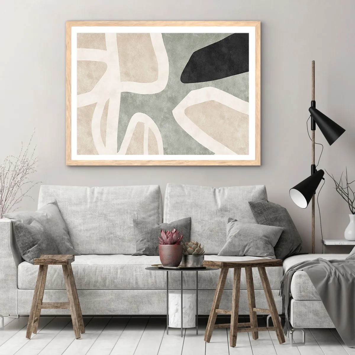 Poster in einem Rahmen aus heller Eiche - Komposition mit schwarzem Motiv - 91x61 cm