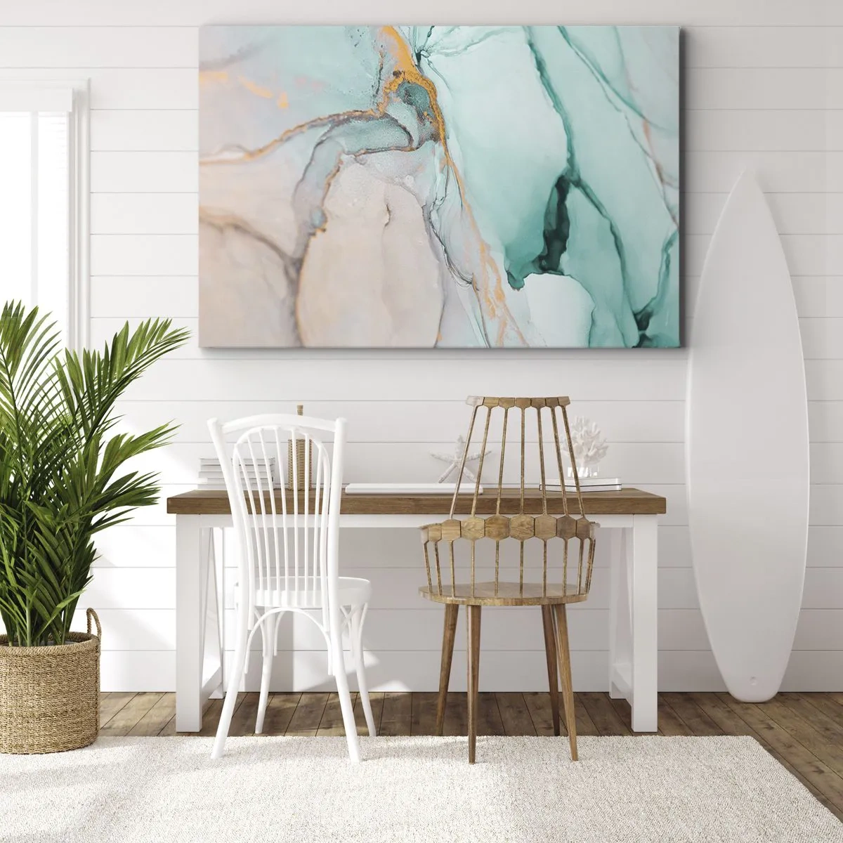Bild auf Leinwand - Leinwandbild - Eine abstrakte Komposition in Türkis- und Goldtönen. - 100x70cm - Ein Tanz der Formen und Farben - Moderne Wanddekoration für Wohnzimmer und Schlafzimmer ARTTOR