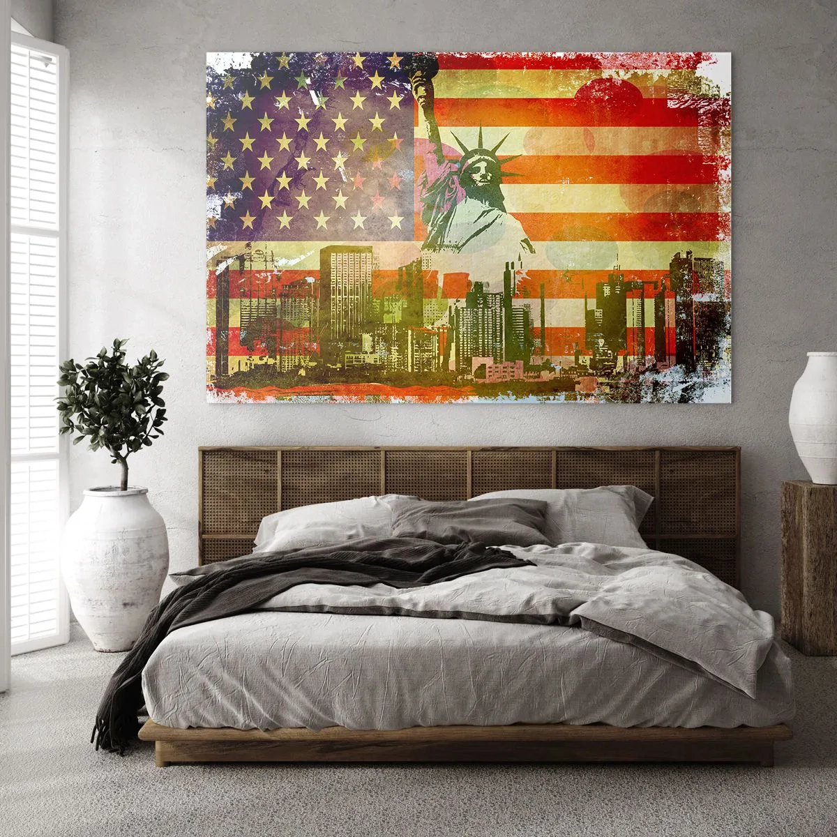 Glasbild - Bild auf glas - US-Flagge mit Silhouette der Freiheitsstatue und Stadtbild - 120x80cm - Viva Amerika! - Moderne Wanddekoration für Wohnzimmer und Schlafzimmer ARTTOR