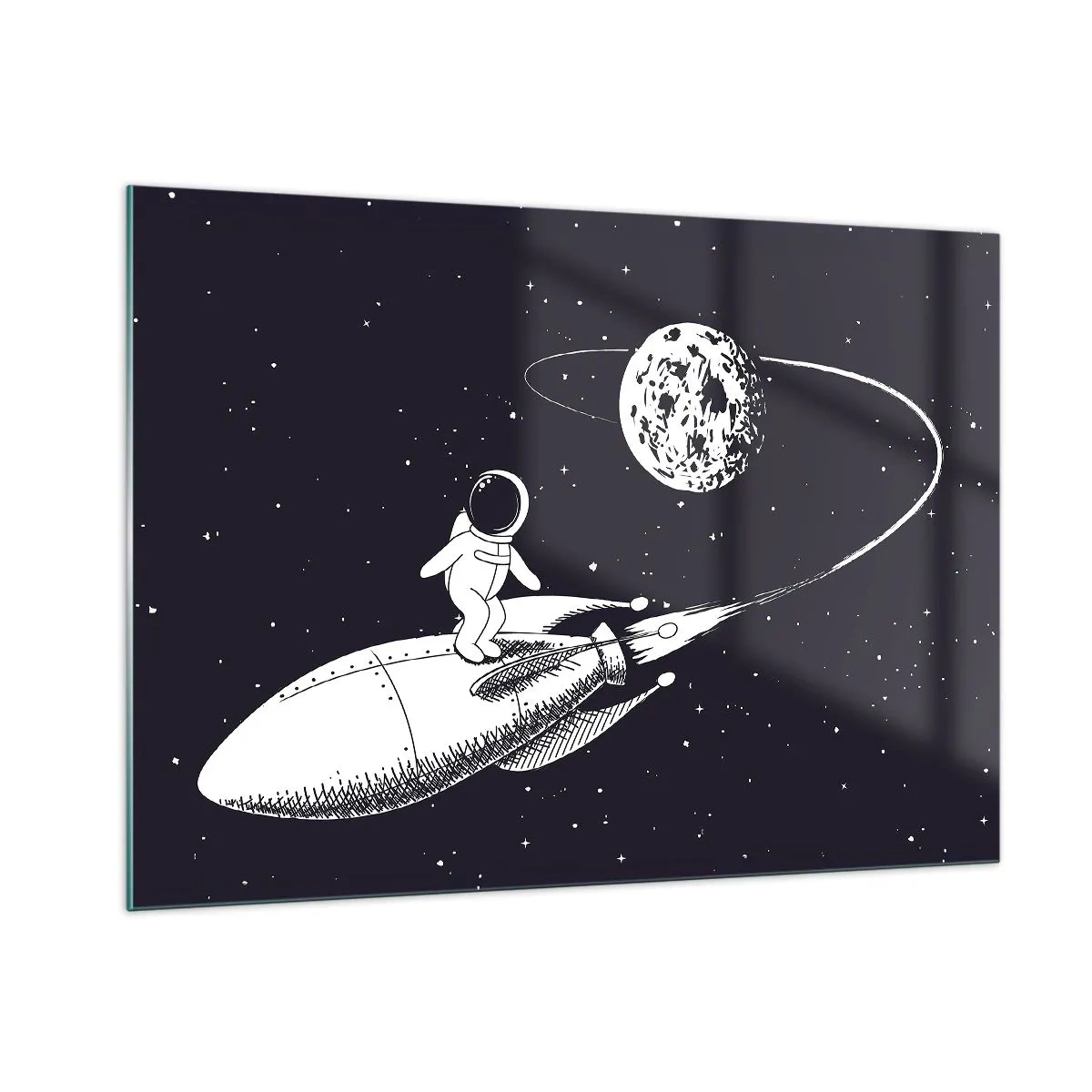 Glasbild - Bild auf glas - Cartoon-Astronaut surft auf einer Rakete im Weltraum - 100x70cm - Weltraumsurfer - Moderne Wanddekoration für Wohnzimmer und Schlafzimmer ARTTOR
