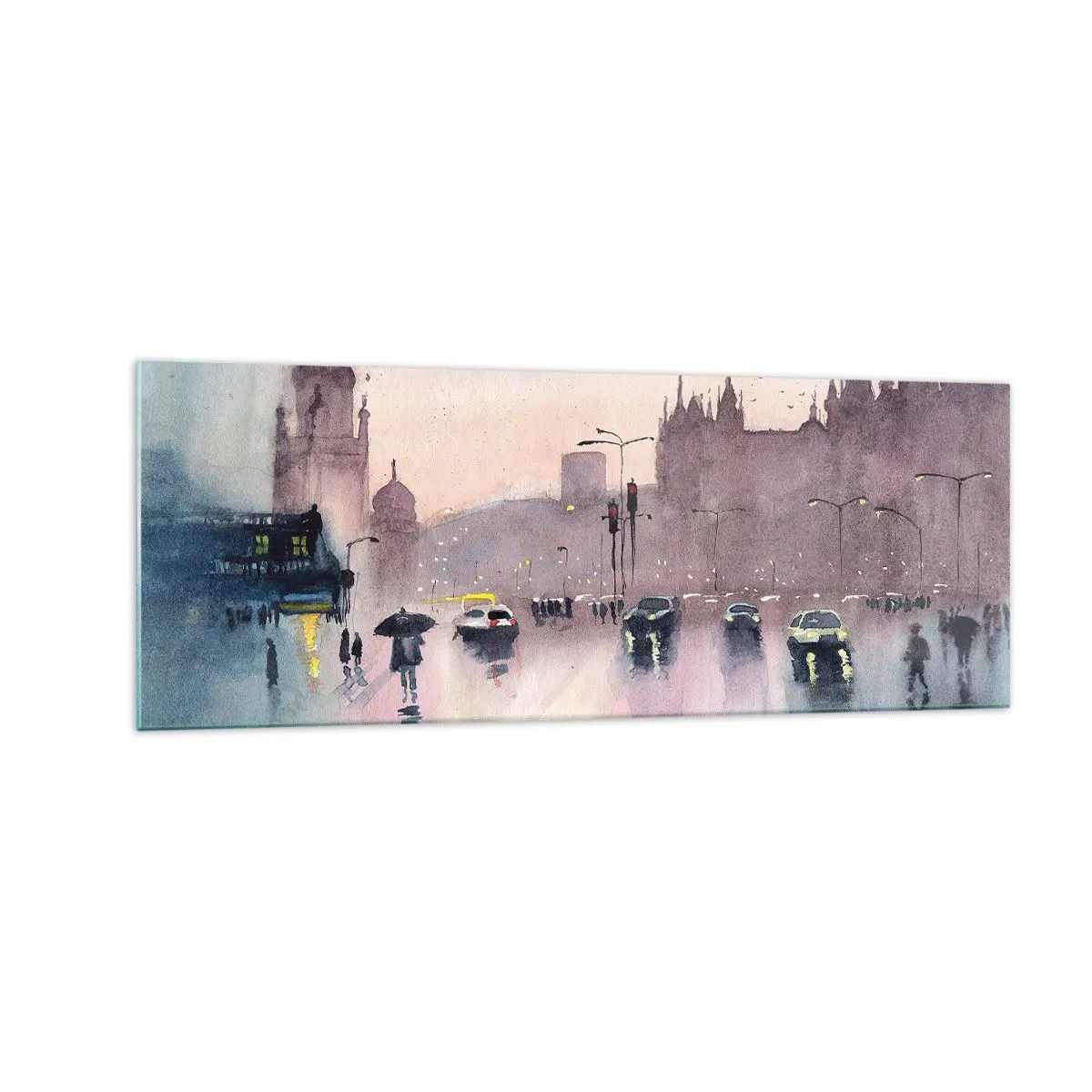 Glasbild - Bild auf glas - Eine Stadtstraße in der Abenddämmerung im Aquarellstil - 140x50cm - Im regnerischen Dunst - Moderne Wanddekoration für Wohnzimmer und Schlafzimmer ARTTOR
