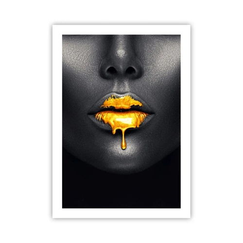 Poster - Schwarzes Frauengesicht mit orangefarbener Farbe auf den Lippen - 50x70cm - Goldmaul - Moderne Wanddekoration für Wohnzimmer und Schlafzimmer ARTTOR
