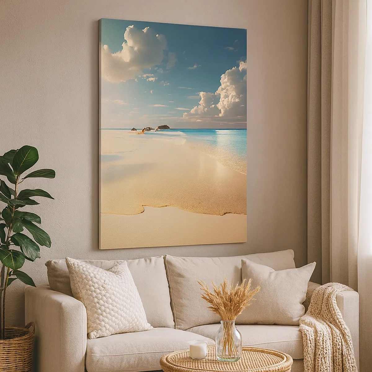 Bild auf Leinwand - Leinwandbild - Ein sonniger Strand mit blauem Meer und Felsen - 50x70cm - Erträumter Tag - Moderne Wanddekoration für Wohnzimmer und Schlafzimmer ARTTOR