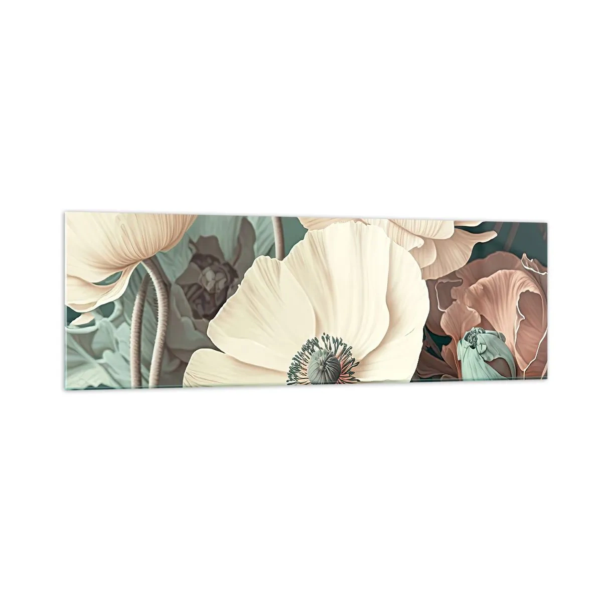 Glasbild - Bild auf glas - Elegante Blumen in Pastelltönen auf grünem Hintergrund - 160x50cm - Flüstern von Mohnblumen - Moderne Wanddekoration für Wohnzimmer und Schlafzimmer ARTTOR