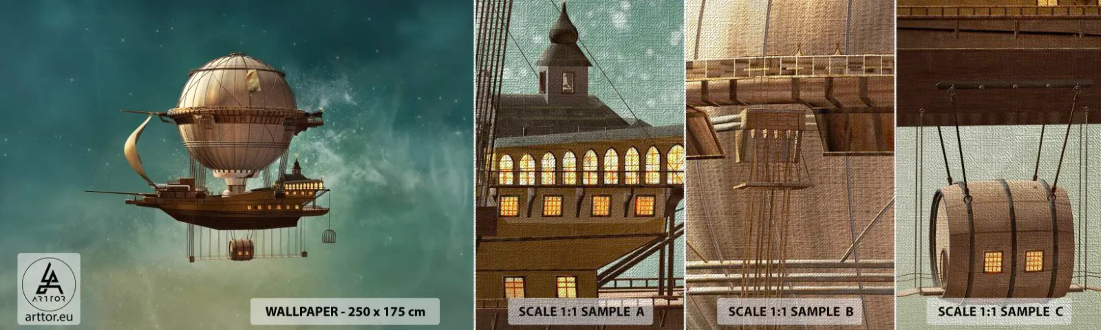 Fototapeten Muster Premium Canvas - Jules Verne sagt Hallo - Retro, Reise, Ballon - 100x30 cm