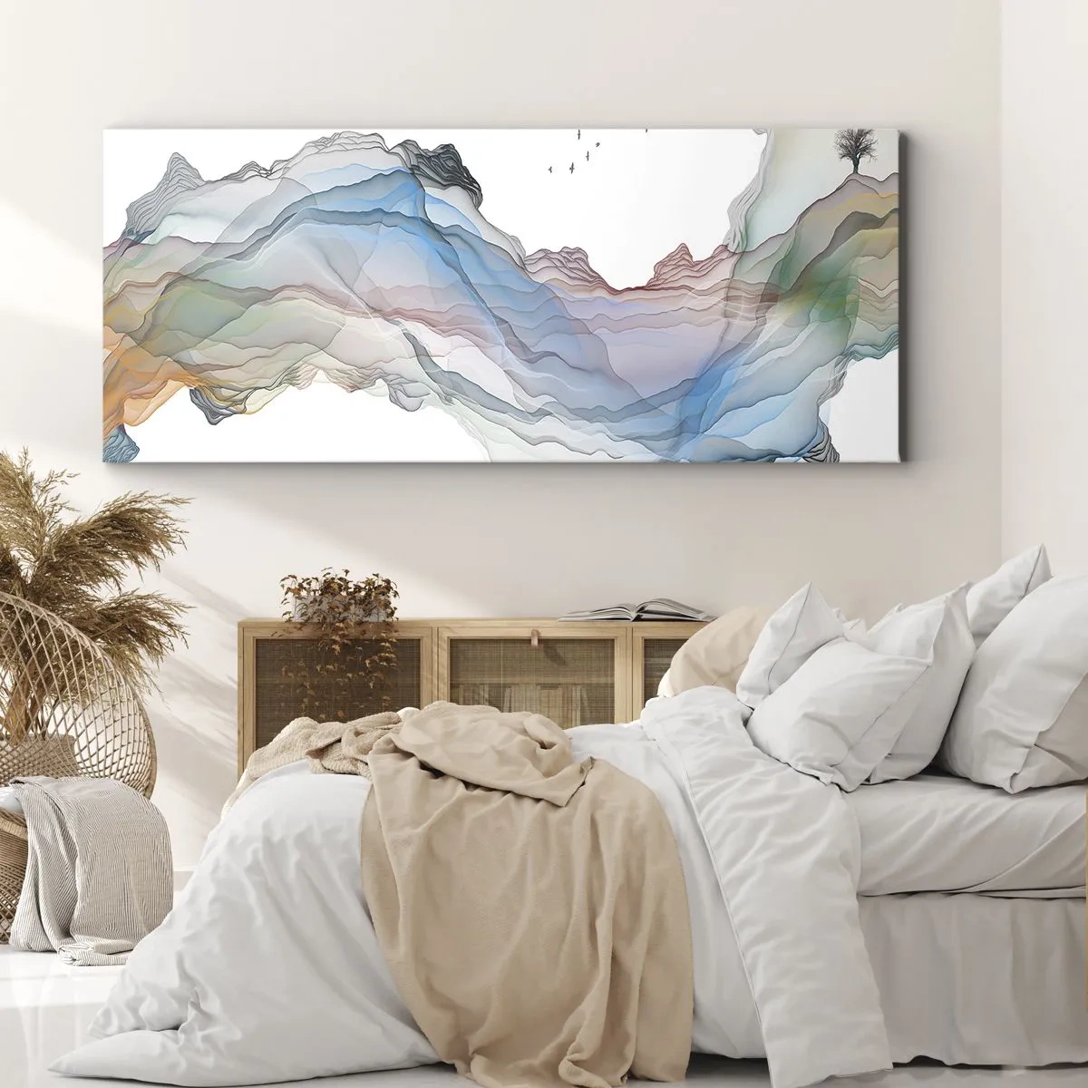 Bild auf Leinwand - Leinwandbild - Eine subtile Landschaft mit Bergen, Wasser und einem Boot - 160x50cm - Zu den Kristallbergen - Moderne Wanddekoration für Wohnzimmer und Schlafzimmer ARTTOR