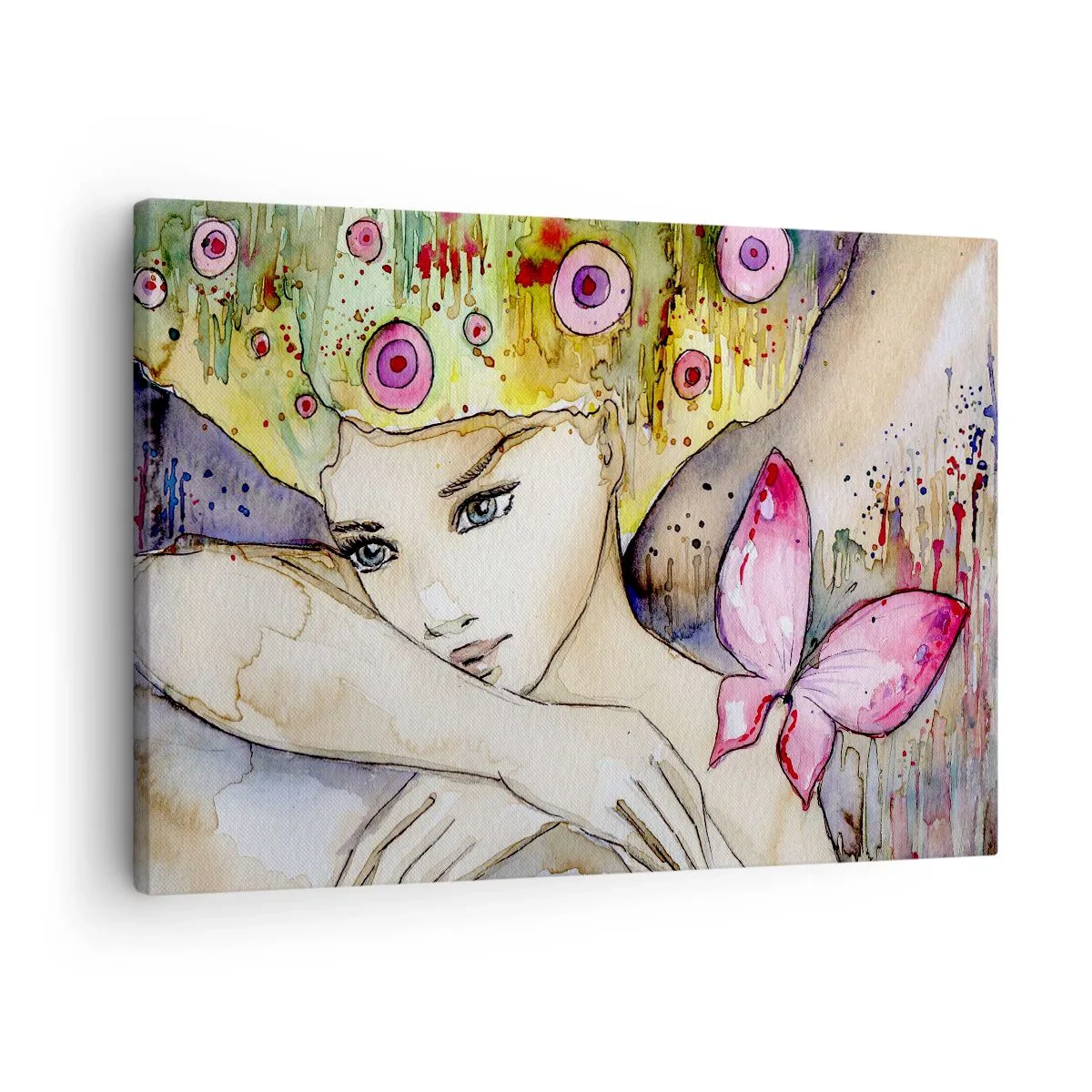 Bild auf Leinwand - Leinwandbild - Eine Frau mit abstrakter Frisur und einem rosa Schmetterling - 70x50cm - Schmetterlingsprinzessin - Moderne Wanddekoration für Wohnzimmer und Schlafzimmer ARTTOR