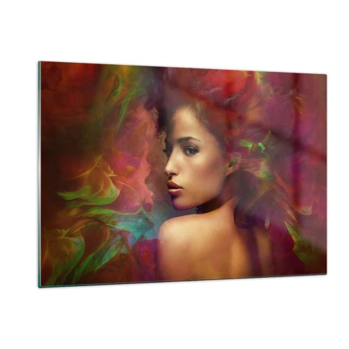 Glasbild - Bild auf glas - Porträt einer Frau in farbenfroher, abstrakter Umgebung - 120x80cm - Schöner als ein Regenbogen, so zart wie ein Nebel - Moderne Wanddekoration für Wohnzimmer und Schlafzimmer ARTTOR