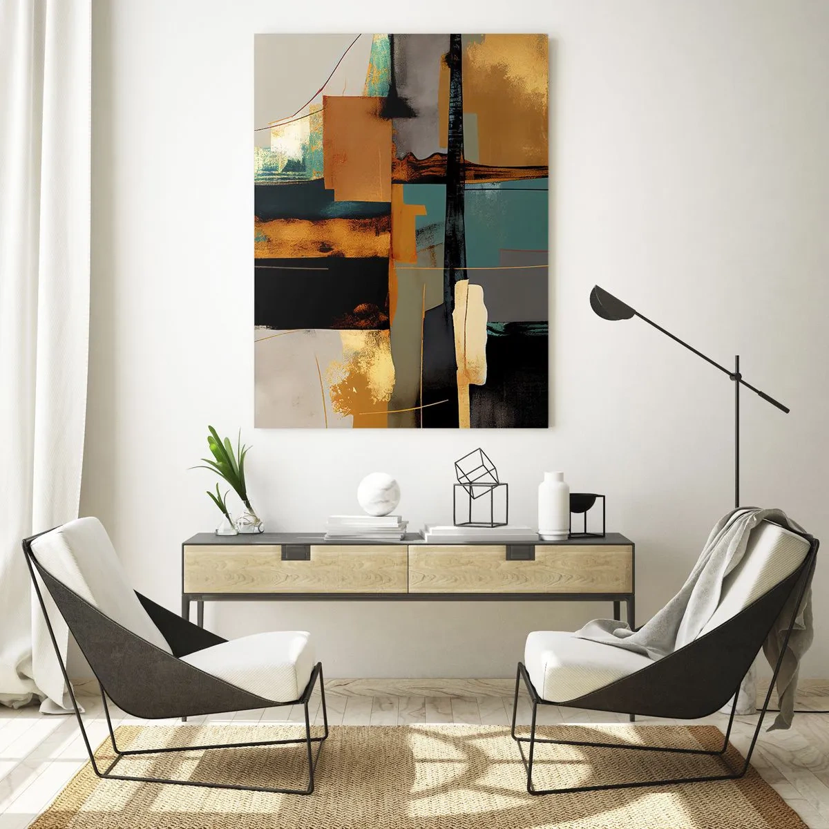 Glasbild - Bild auf glas - Abstrakte Komposition mit goldenen und türkisfarbenen Elementen - 80x120cm - Abstraktion – Licht und Schatten - Moderne Wanddekoration für Wohnzimmer und Schlafzimmer ARTTOR