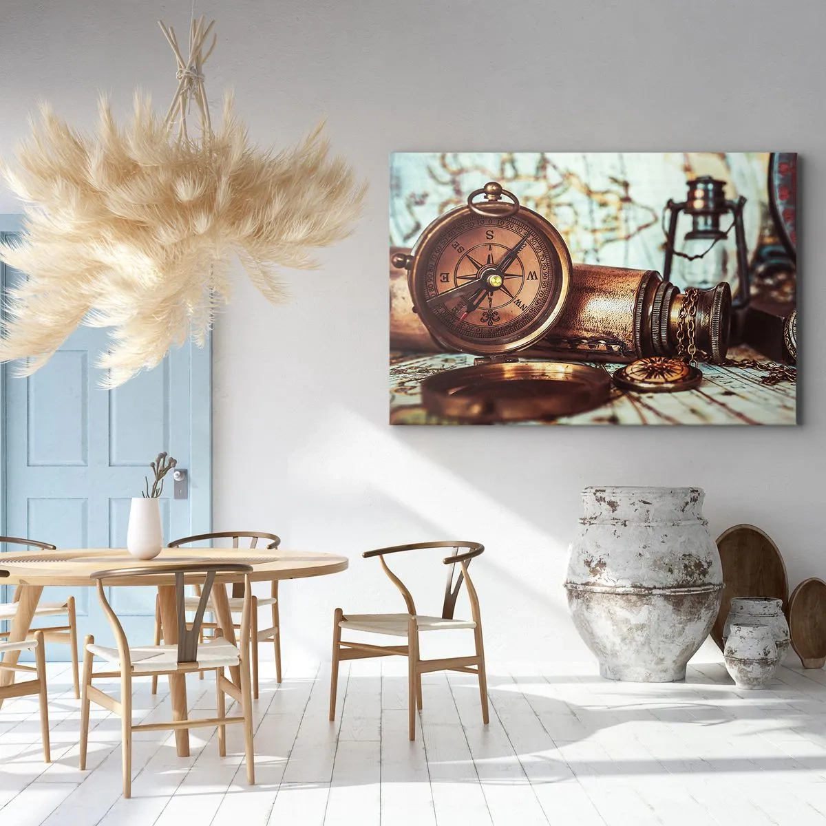 Bild auf Leinwand - Leinwandbild - Ein Retro-Set mit Kompass, Teleskop und Karte im Reisethema - 70x50cm - Ein Piratenabenteuer in der Karibik wartet - Moderne Wanddekoration für Wohnzimmer und Schlafzimmer ARTTOR