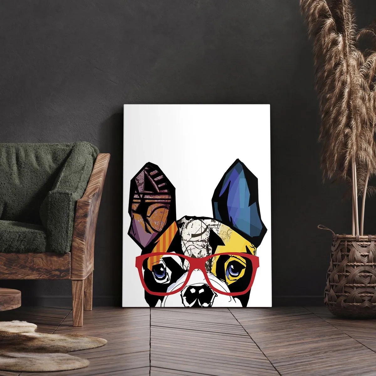 Bild auf Leinwand - Leinwandbild - Bulldogge in einer bunten Illustration mit roter Brille - 50x70cm - Intellektuelle - Moderne Wanddekoration für Wohnzimmer und Schlafzimmer ARTTOR